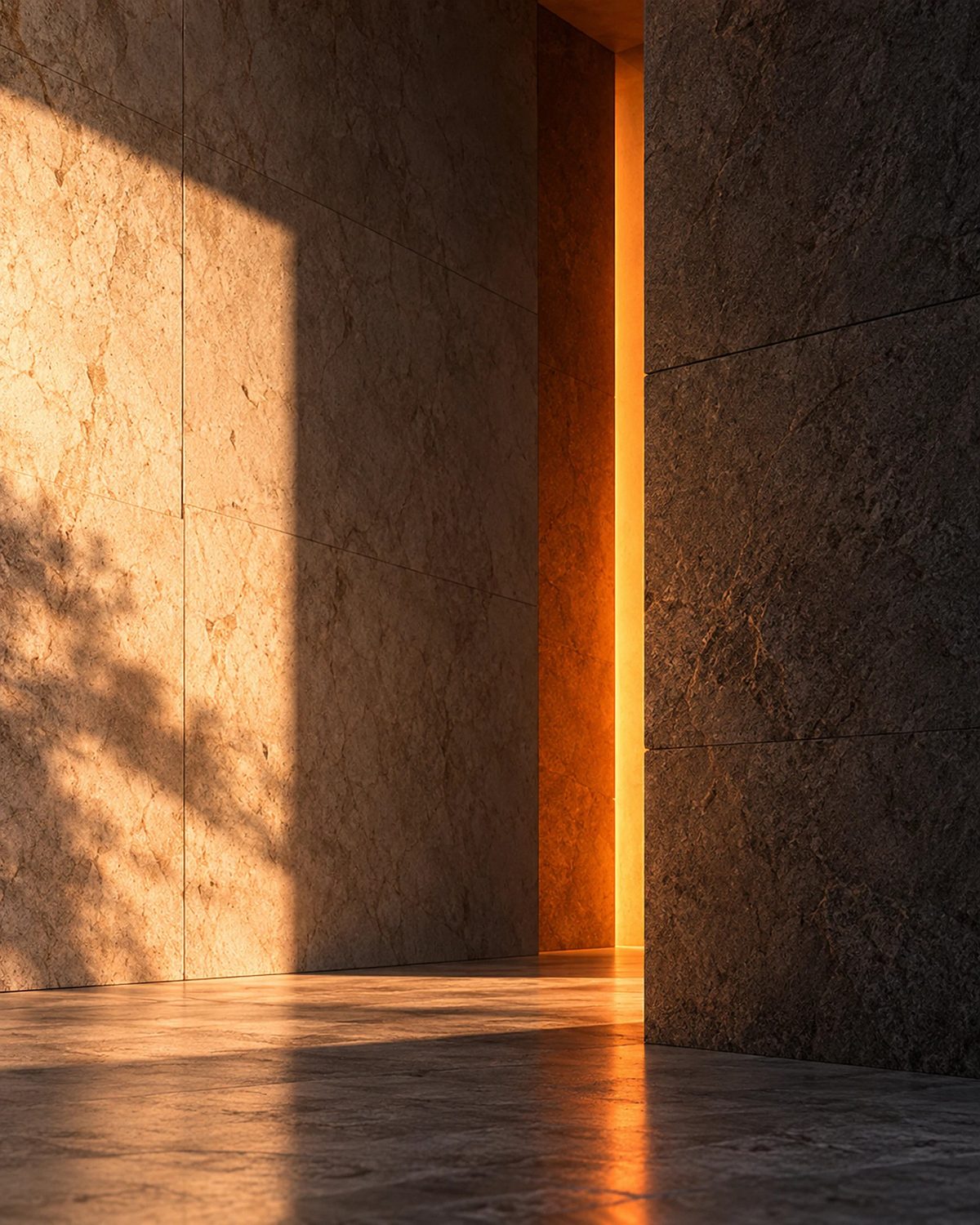 A slot of orange light between two stone walls